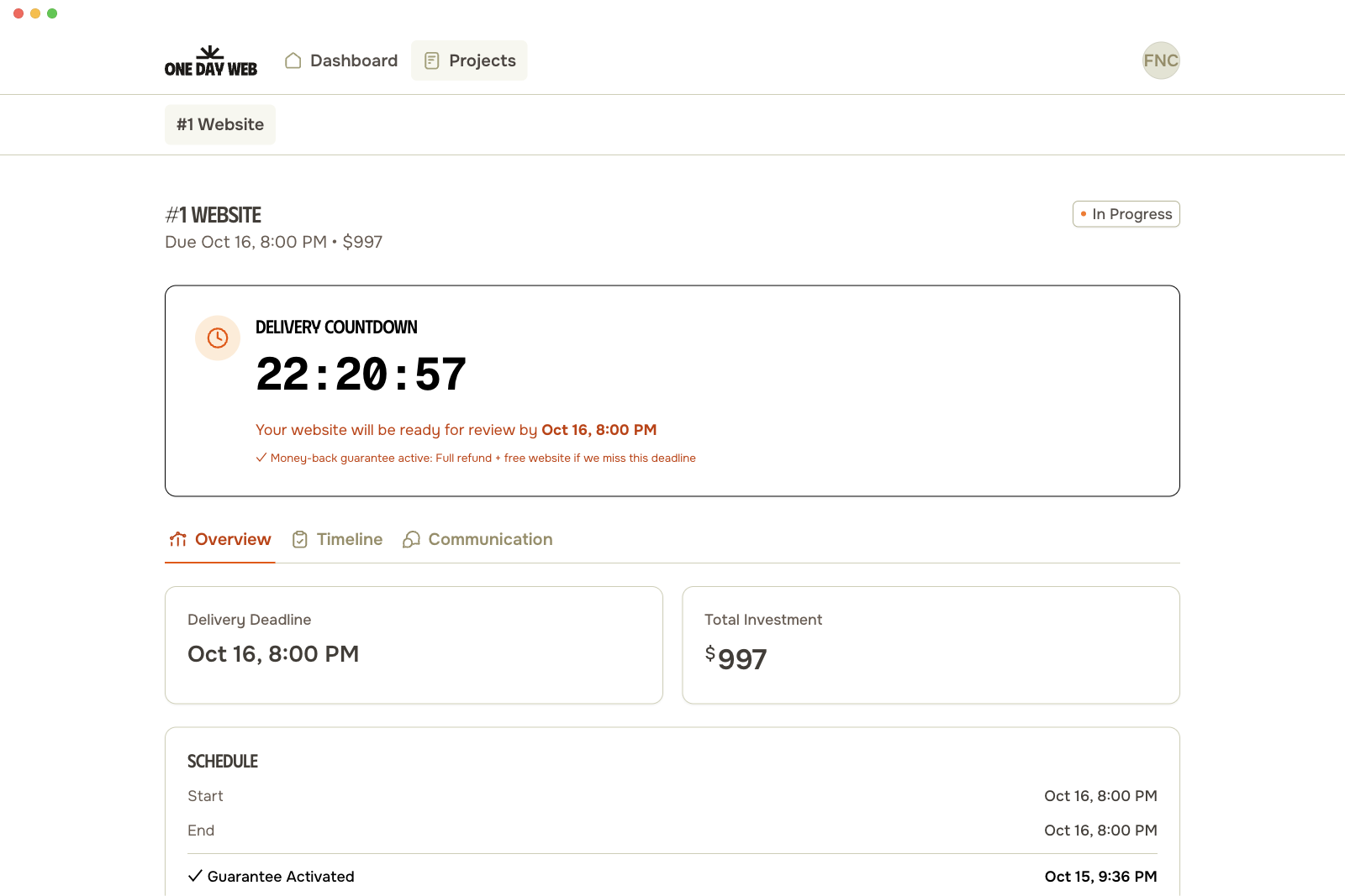 OneDayWeb dashboard showing live countdown timer